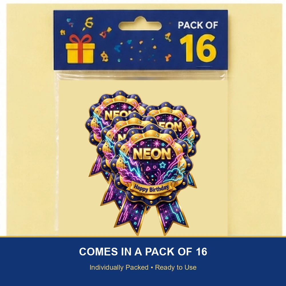 Neon Theme Theme Badges Birthday Party Supplies (PACK OF 16) - 300 GSM Premium Cardstock with Pin (3.7 x 3 Inch) - Premium Party Decor Supply by Party Decor Mall - View 6