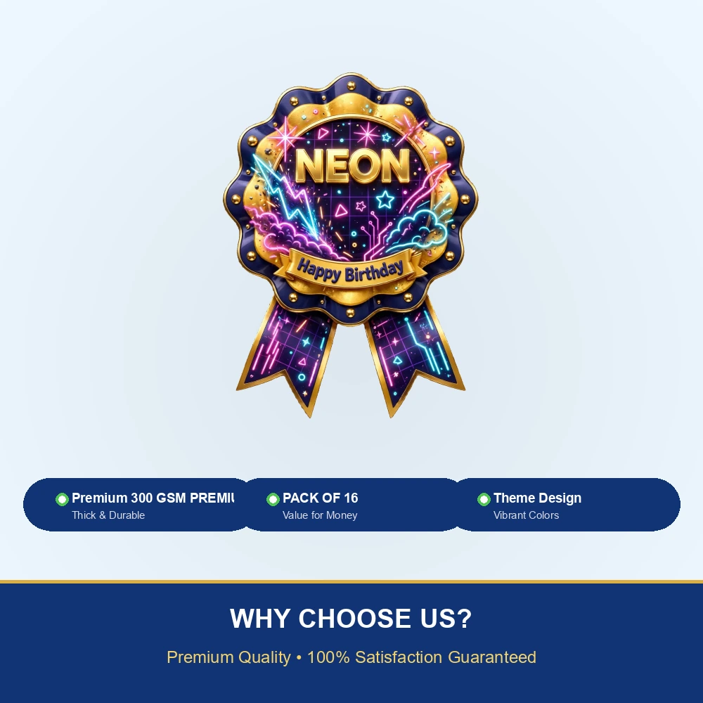 Neon Theme Theme Badges Birthday Party Supplies (PACK OF 16) - 300 GSM Premium Cardstock with Pin (3.7 x 3 Inch) - Premium Party Decor Supply by Party Decor Mall - View 7