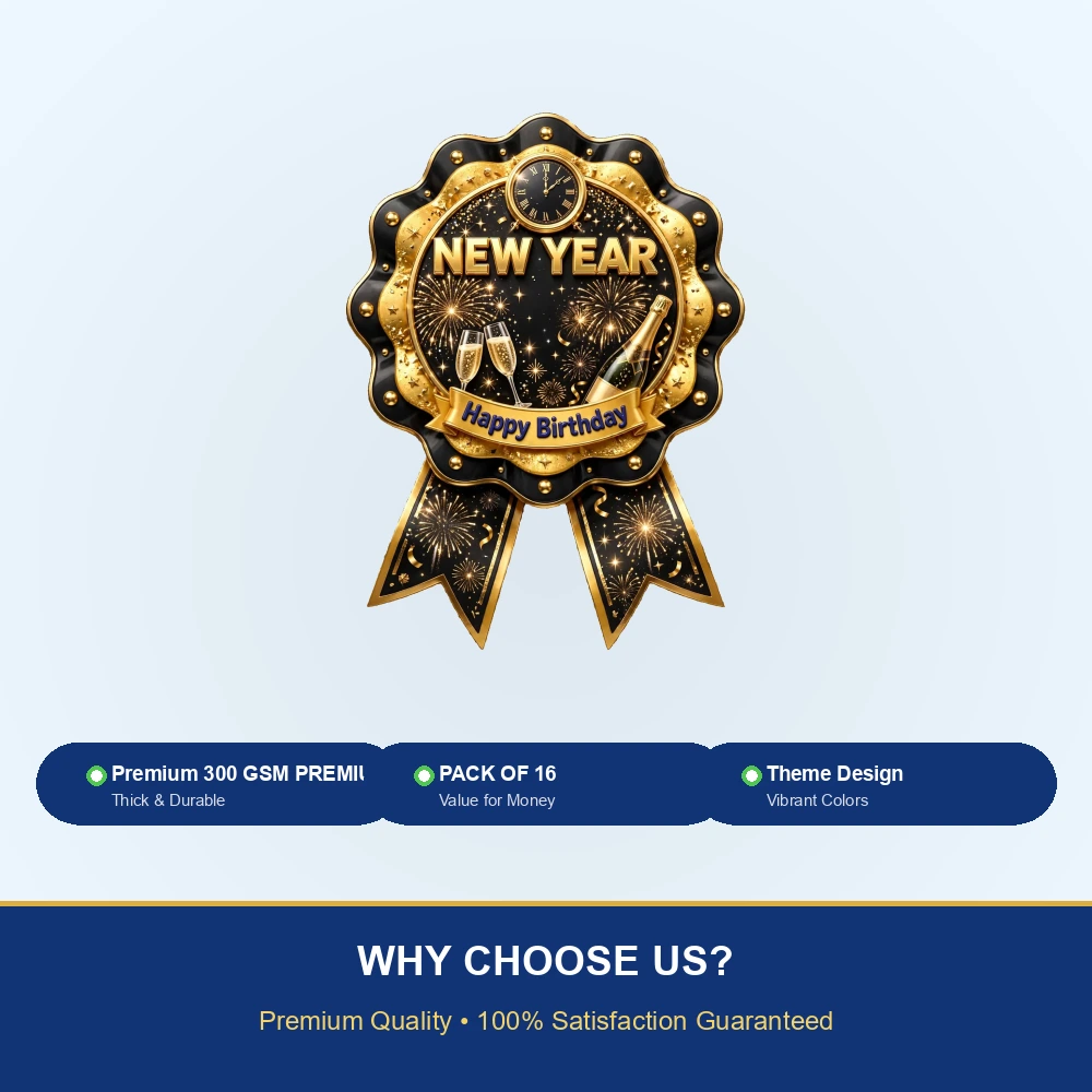 New Year Theme Theme Badges Birthday Party Supplies (PACK OF 16) - 300 GSM Premium Cardstock with Pin (3.7 x 3 Inch) - Premium Party Decor Supply by Party Decor Mall - View 7