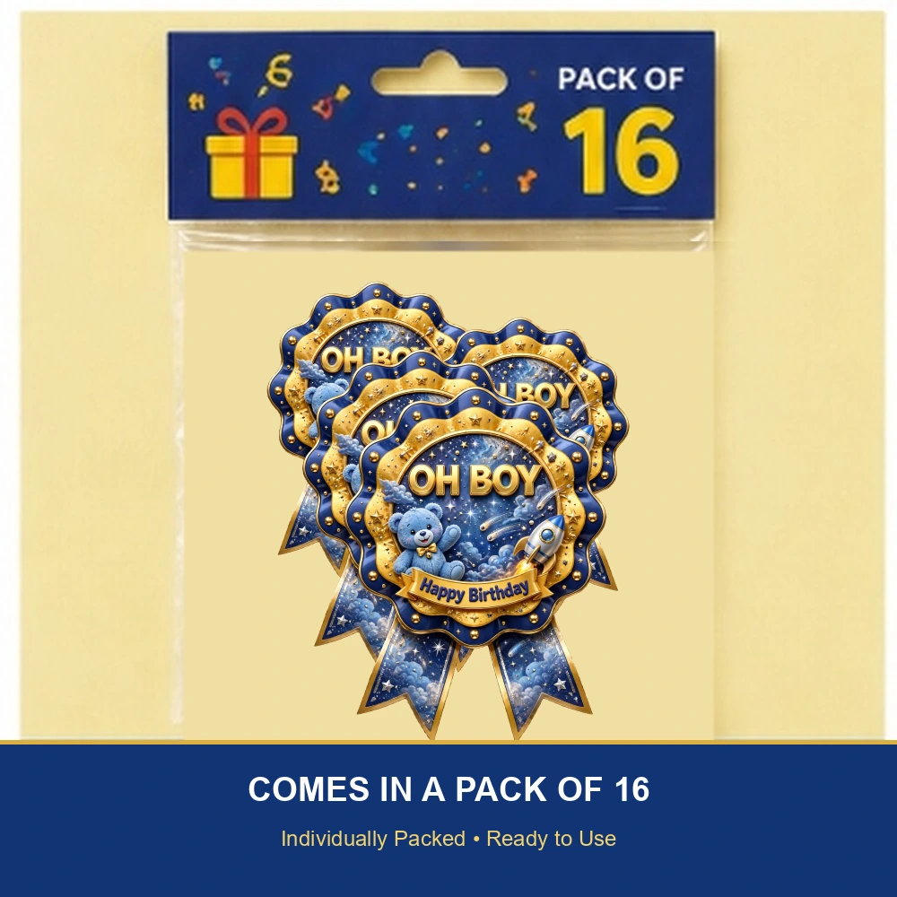 Oh Boy Theme Theme Badges Birthday Party Supplies (PACK OF 16) - 300 GSM Premium Cardstock with Pin (3.7 x 3 Inch) - Premium Party Decor Supply by Party Decor Mall - View 6