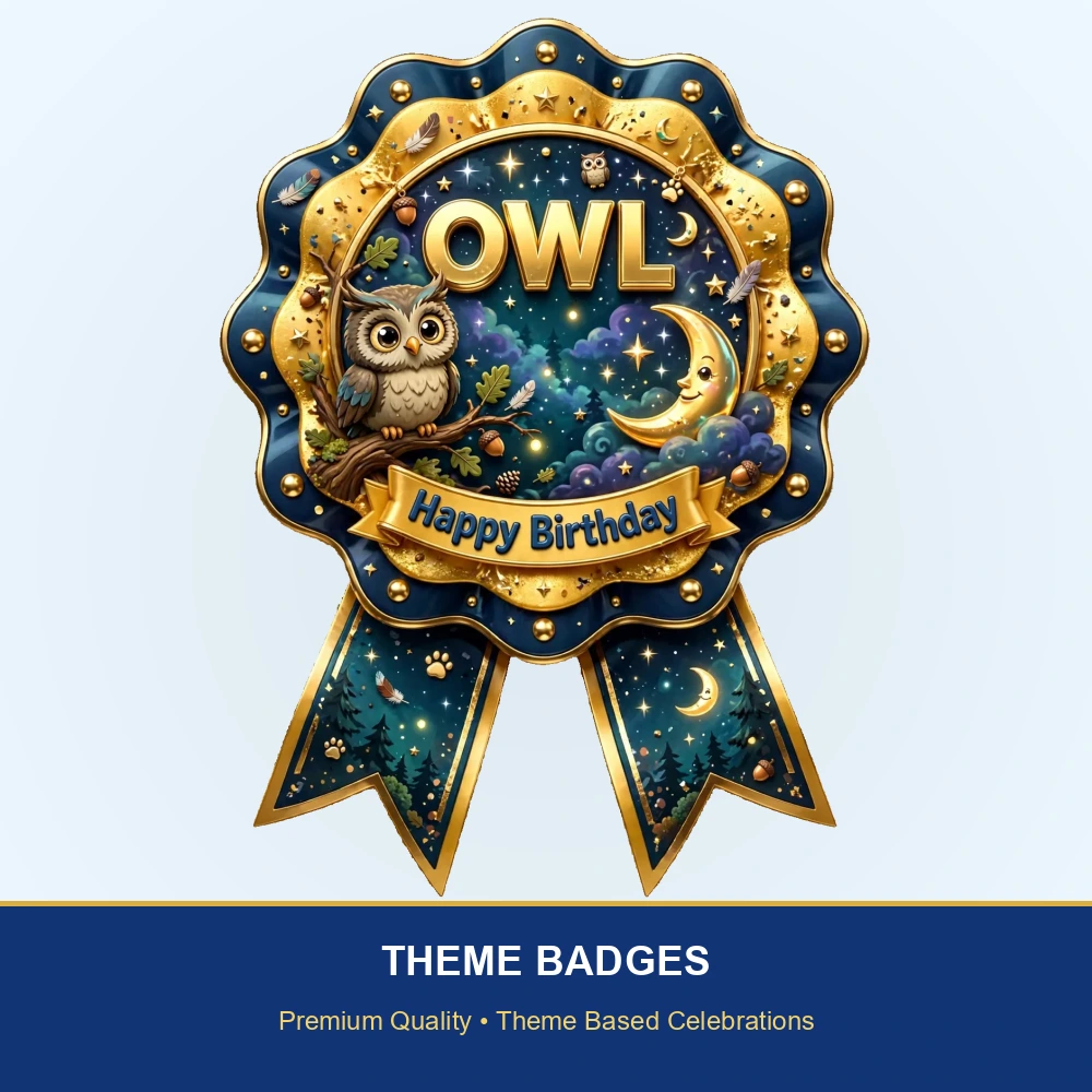 Owl Theme Theme Badges Birthday Party Supplies (PACK OF 16) - 300 GSM Premium Cardstock with Pin (3.7 x 3 Inch) - Premium Party Decor Supply by Party Decor Mall - View 2