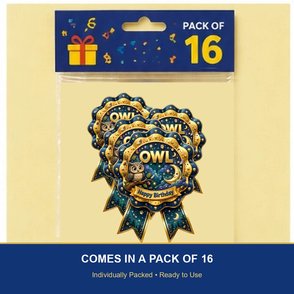 Owl Theme Theme Badges Birthday Party Supplies (PACK OF 16) - 300 GSM Premium Cardstock with Pin (3.7 x 3 Inch) - Premium Party Decor Supply by Party Decor Mall - View 6