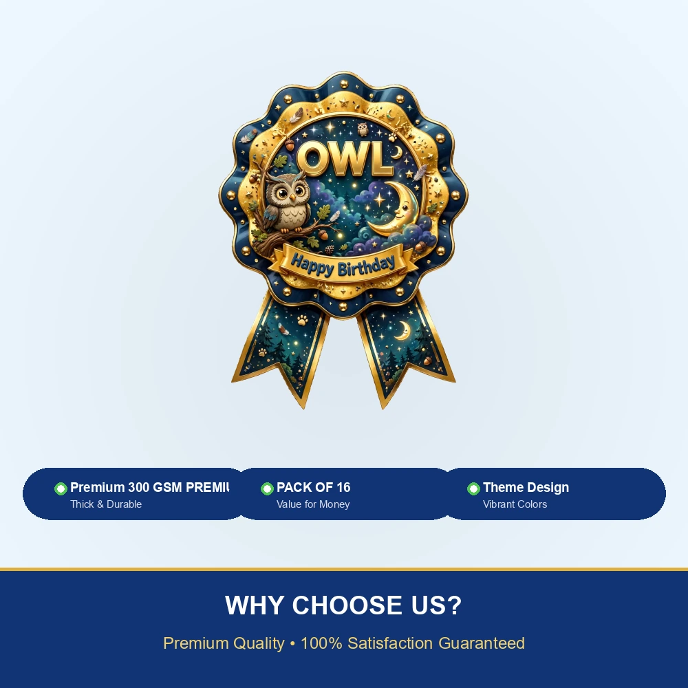 Owl Theme Theme Badges Birthday Party Supplies (PACK OF 16) - 300 GSM Premium Cardstock with Pin (3.7 x 3 Inch) - Premium Party Decor Supply by Party Decor Mall - View 7