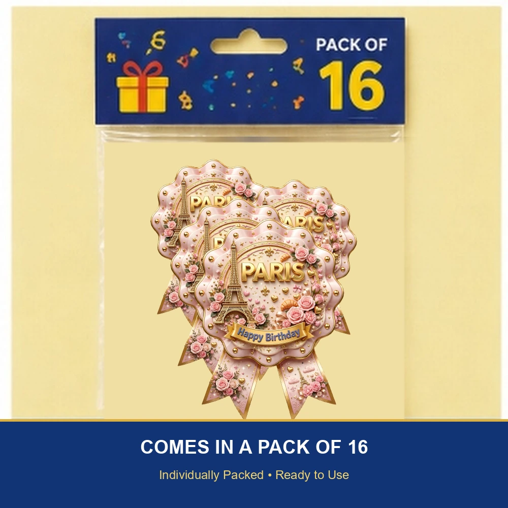Paris Theme Theme Badges Birthday Party Supplies (PACK OF 16) - 300 GSM Premium Cardstock with Pin (3.7 x 3 Inch) - Premium Party Decor Supply by Party Decor Mall - View 6