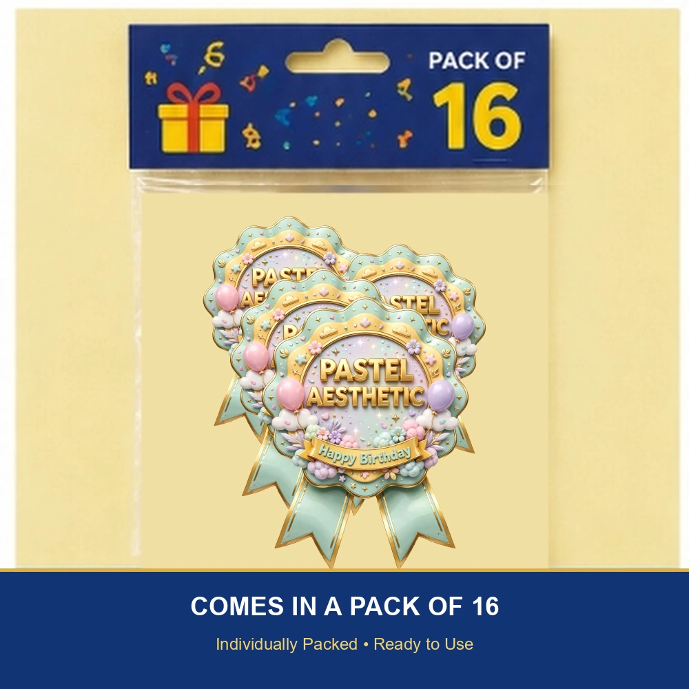 Pastel Aesthetic Theme Theme Badges Birthday Party Supplies (PACK OF 16) - 300 GSM Premium Cardstock with Pin (3.7 x 3 Inch) - Premium Party Decor Supply by Party Decor Mall - View 6