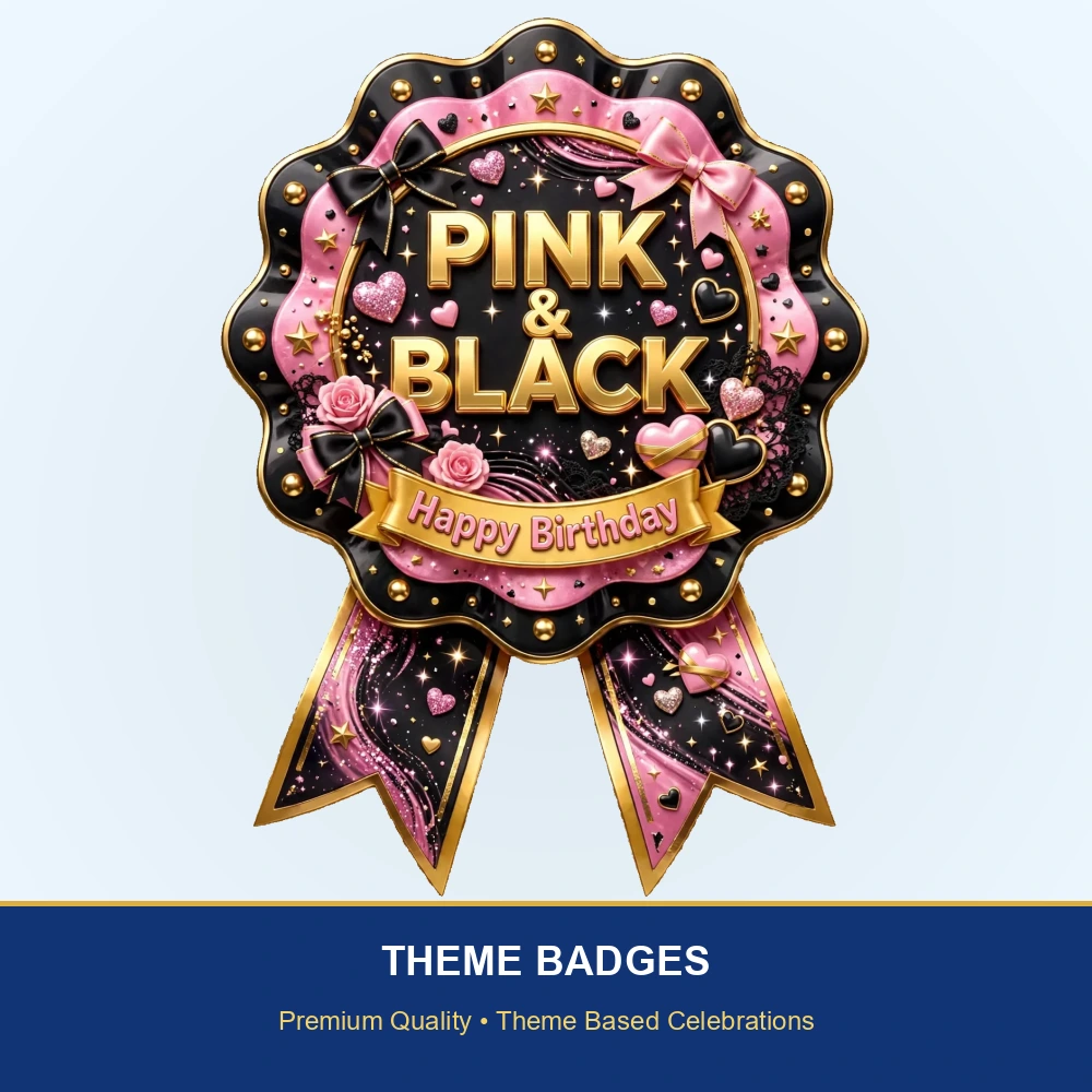 Pink & Black Theme Theme Badges Birthday Party Supplies (PACK OF 16) - 300 GSM Premium Cardstock with Pin (3.7 x 3 Inch) - Premium Party Decor Supply by Party Decor Mall - View 2