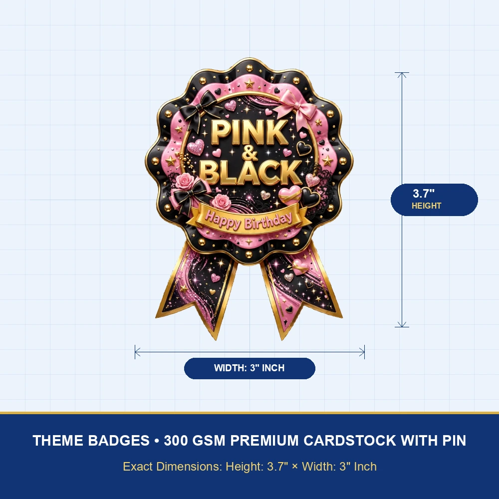 Pink & Black Theme Theme Badges Birthday Party Supplies (PACK OF 16) - 300 GSM Premium Cardstock with Pin (3.7 x 3 Inch) - Premium Party Decor Supply by Party Decor Mall - View 4