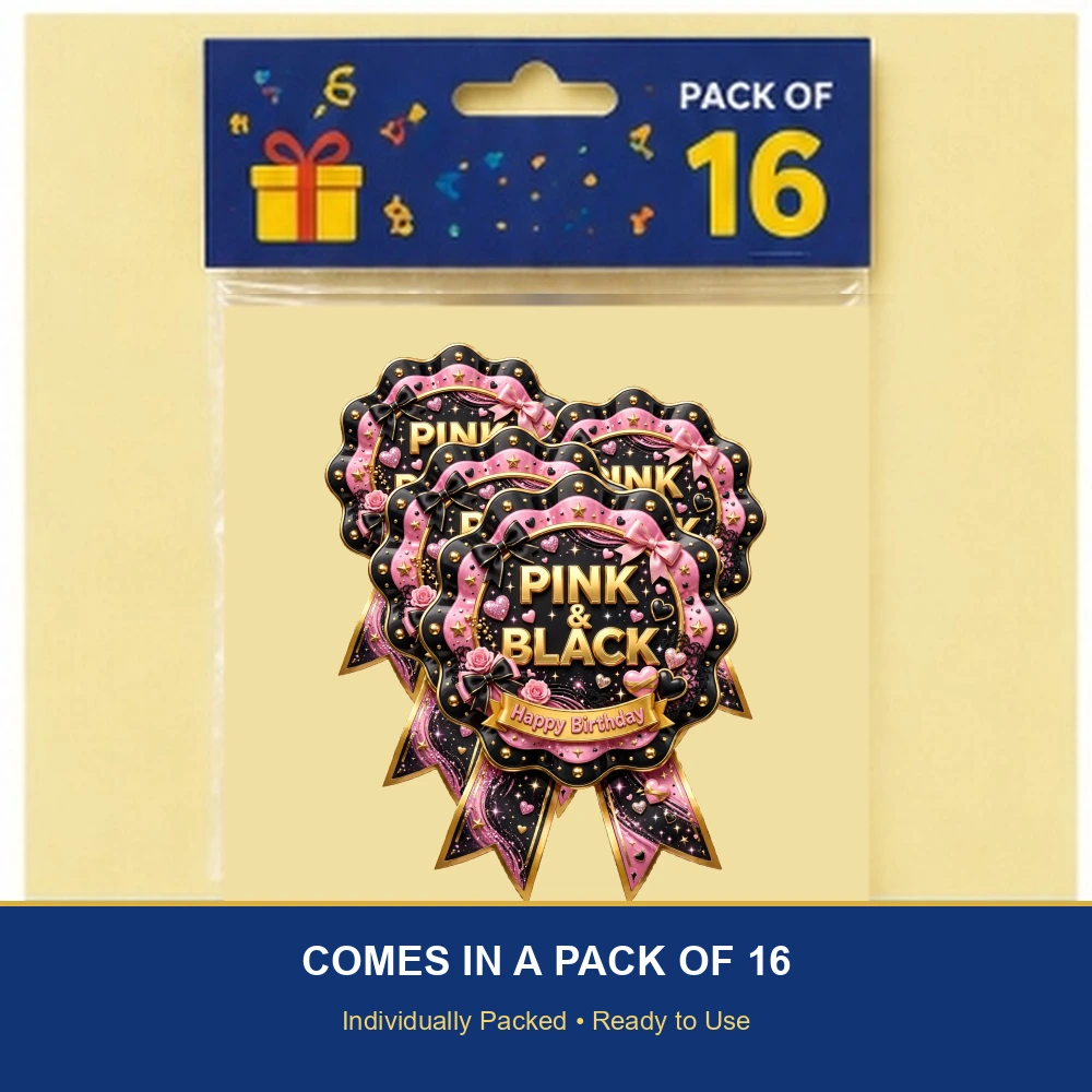 Pink & Black Theme Theme Badges Birthday Party Supplies (PACK OF 16) - 300 GSM Premium Cardstock with Pin (3.7 x 3 Inch) - Premium Party Decor Supply by Party Decor Mall - View 6