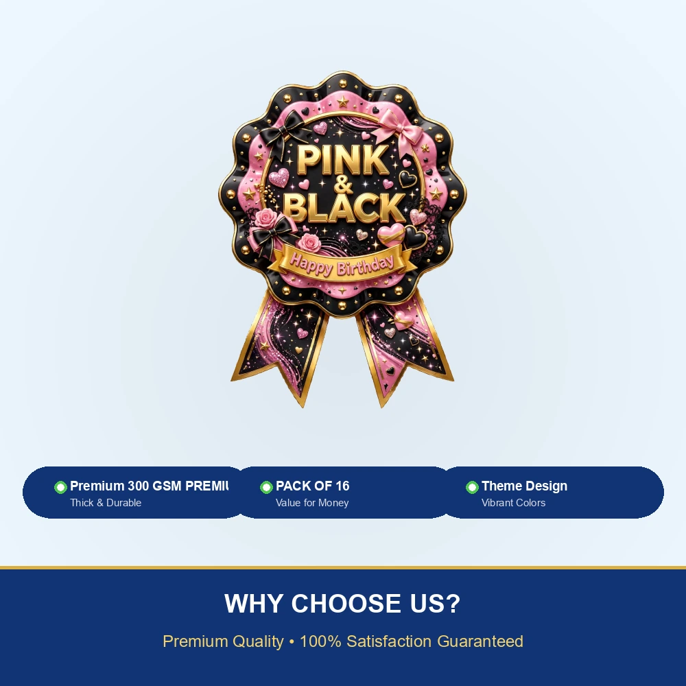 Pink & Black Theme Theme Badges Birthday Party Supplies (PACK OF 16) - 300 GSM Premium Cardstock with Pin (3.7 x 3 Inch) - Premium Party Decor Supply by Party Decor Mall - View 7