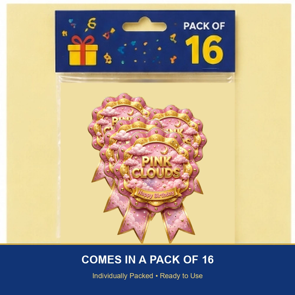 Pink Clouds Theme Theme Badges Birthday Party Supplies (PACK OF 16) - 300 GSM Premium Cardstock with Pin (3.7 x 3 Inch) - Premium Party Decor Supply by Party Decor Mall - View 6