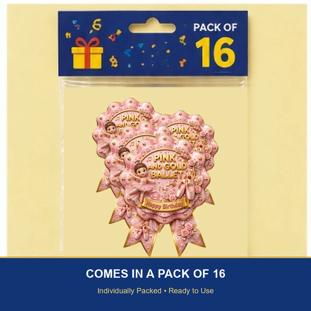 Pink & Gold Ballet Theme Theme Badges Birthday Party Supplies (PACK OF 16) - 300 GSM Premium Cardstock with Pin (3.7 x 3 Inch) - Premium Party Decor Supply by Party Decor Mall - View 6