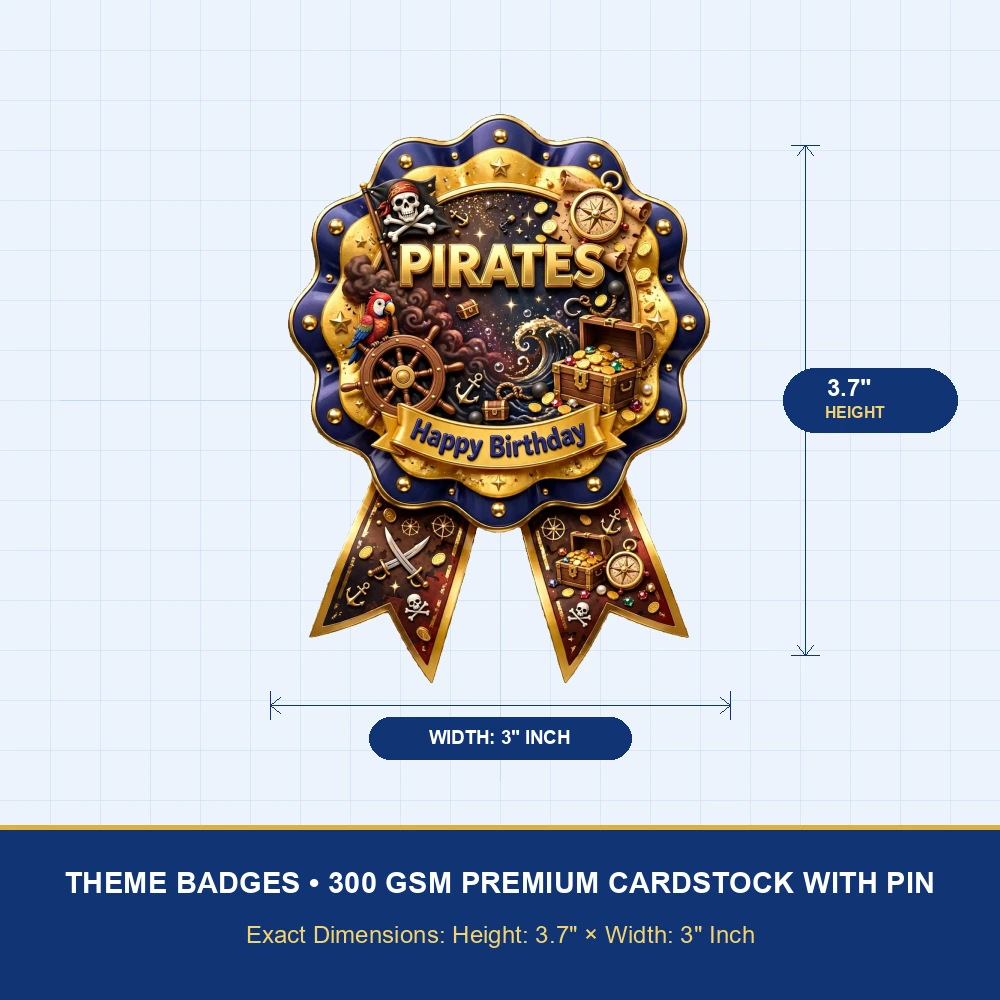 Pirates Theme Theme Badges Birthday Party Supplies (PACK OF 16) - 300 GSM Premium Cardstock with Pin (3.7 x 3 Inch) - Premium Party Decor Supply by Party Decor Mall - View 4