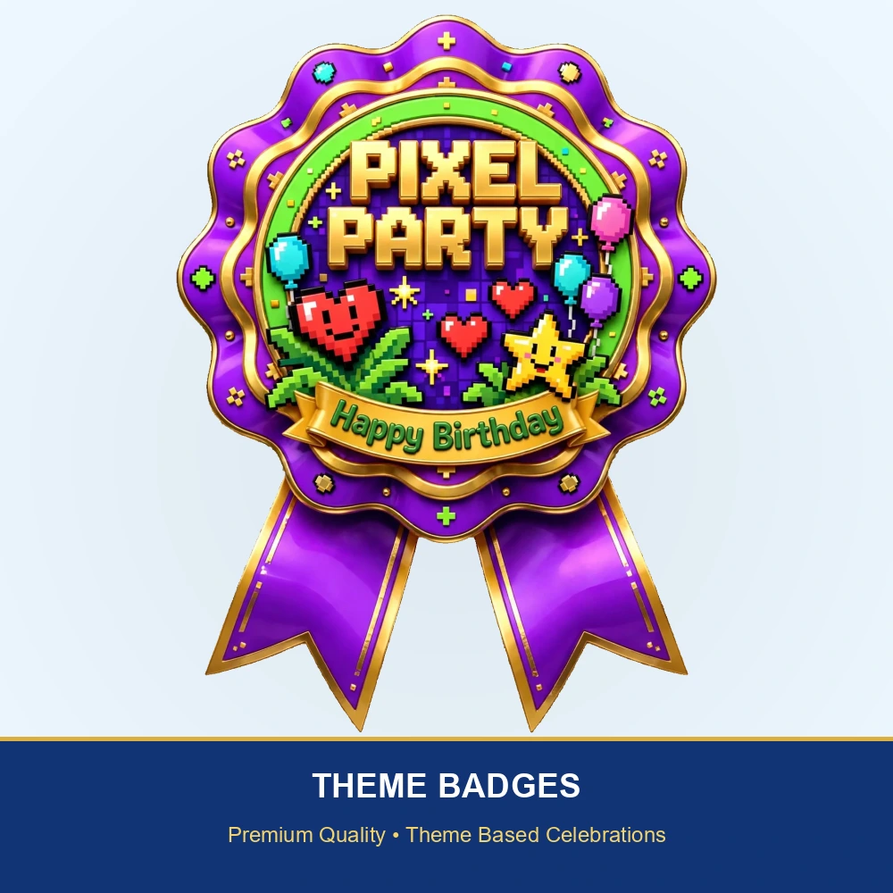 Pixel Party Theme Theme Badges Birthday Party Supplies (PACK OF 16) - 300 GSM Premium Cardstock with Pin (3.7 x 3 Inch) - Premium Party Decor Supply by Party Decor Mall - View 2