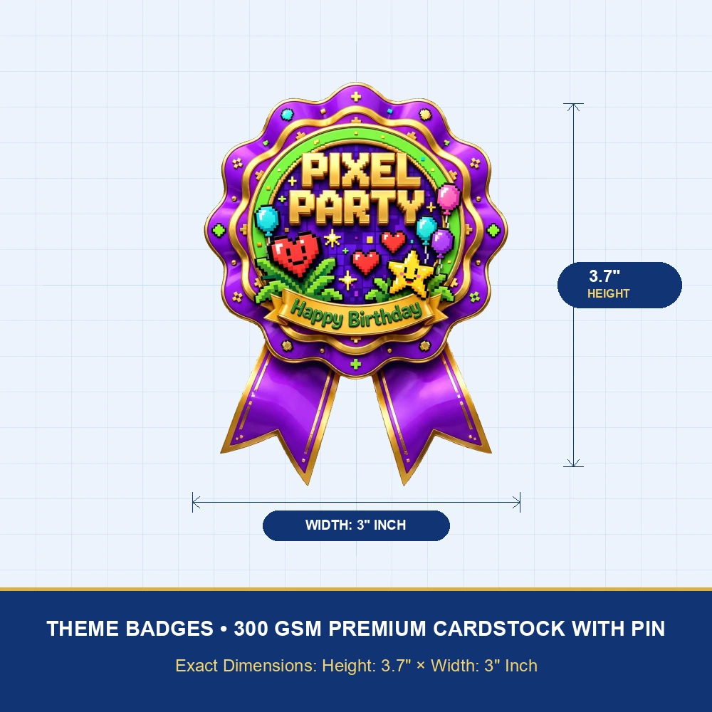 Pixel Party Theme Theme Badges Birthday Party Supplies (PACK OF 16) - 300 GSM Premium Cardstock with Pin (3.7 x 3 Inch) - Premium Party Decor Supply by Party Decor Mall - View 4