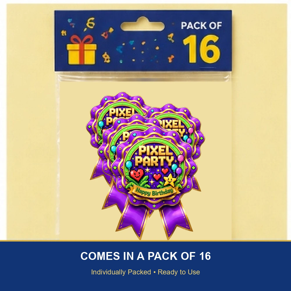 Pixel Party Theme Theme Badges Birthday Party Supplies (PACK OF 16) - 300 GSM Premium Cardstock with Pin (3.7 x 3 Inch) - Premium Party Decor Supply by Party Decor Mall - View 6