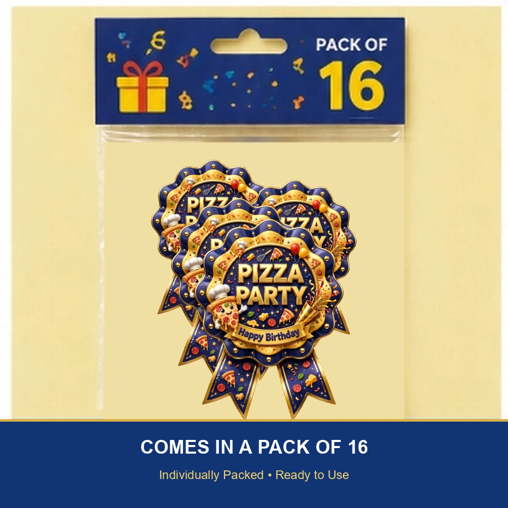 Pizza Party Theme Theme Badges Birthday Party Supplies (PACK OF 16) - 300 GSM Premium Cardstock with Pin (3.7 x 3 Inch) - Premium Party Decor Supply by Party Decor Mall - View 6