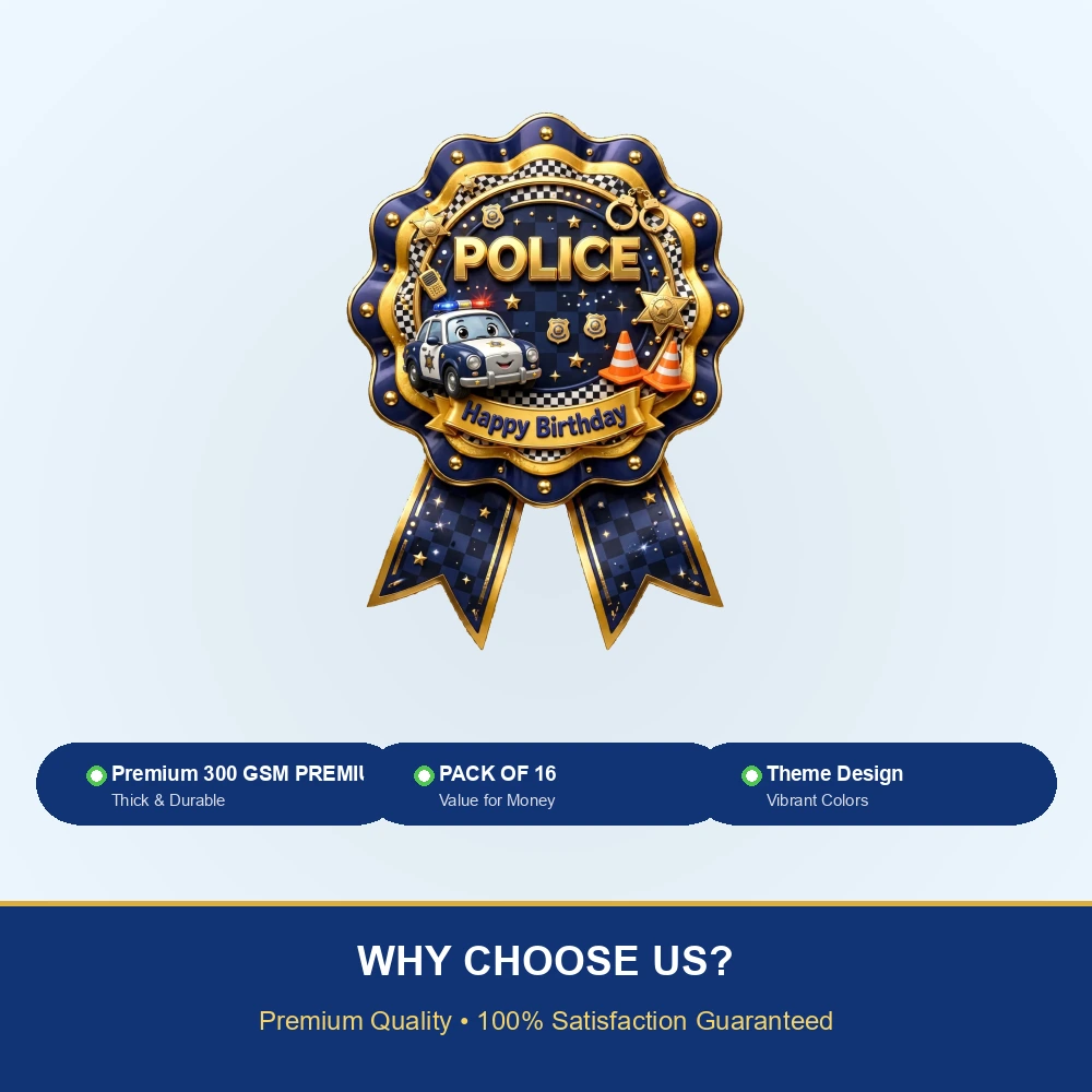 Police Theme Theme Badges Birthday Party Supplies (PACK OF 16) - 300 GSM Premium Cardstock with Pin (3.7 x 3 Inch) - Premium Party Decor Supply by Party Decor Mall - View 7