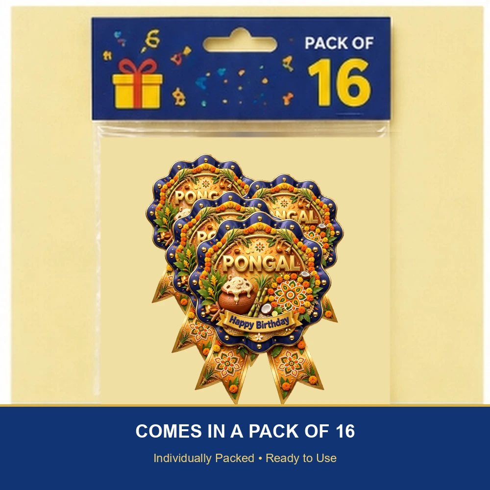 Pongal Theme Theme Badges Birthday Party Supplies (PACK OF 16) - 300 GSM Premium Cardstock with Pin (3.7 x 3 Inch) - Premium Party Decor Supply by Party Decor Mall - View 6