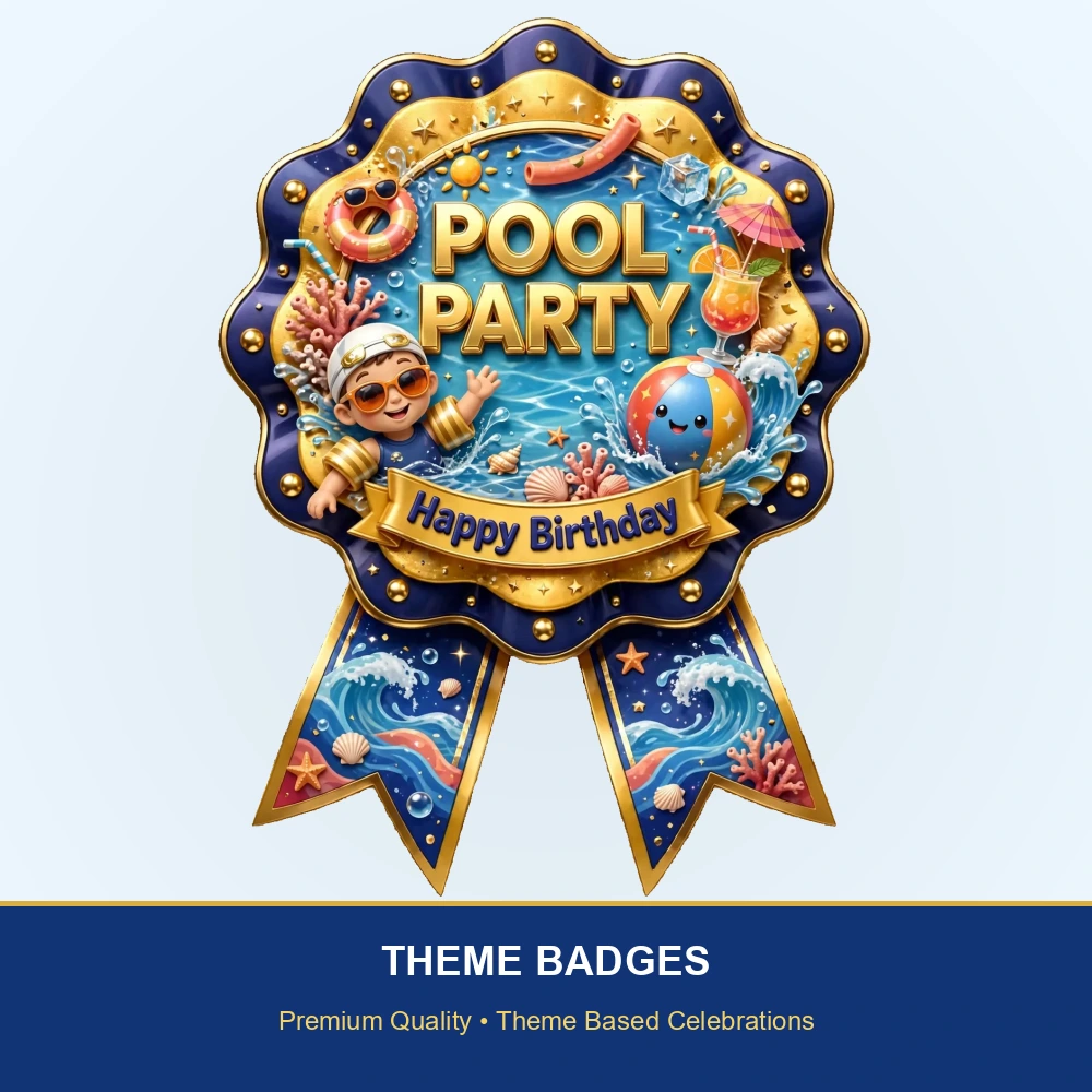 Pool Party Theme Theme Badges Birthday Party Supplies (PACK OF 16) - 300 GSM Premium Cardstock with Pin (3.7 x 3 Inch) - Premium Party Decor Supply by Party Decor Mall - View 2