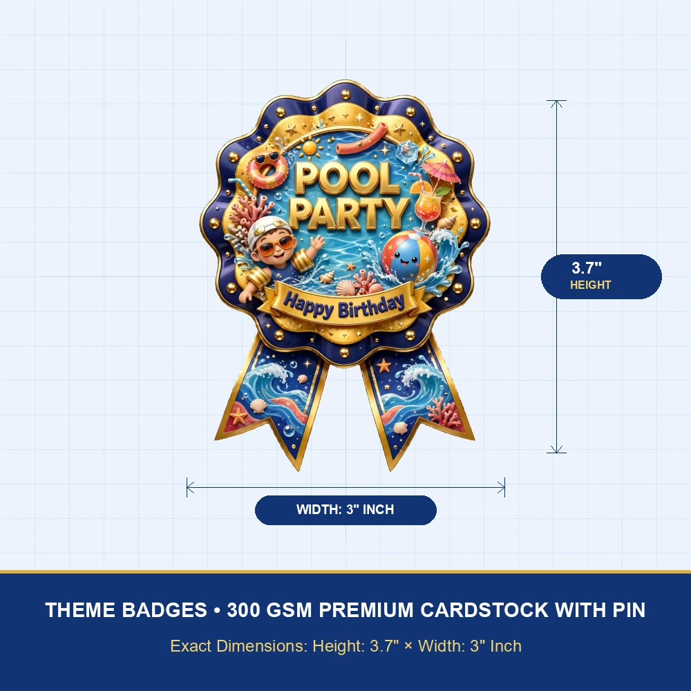 Pool Party Theme Theme Badges Birthday Party Supplies (PACK OF 16) - 300 GSM Premium Cardstock with Pin (3.7 x 3 Inch) - Premium Party Decor Supply by Party Decor Mall - View 4
