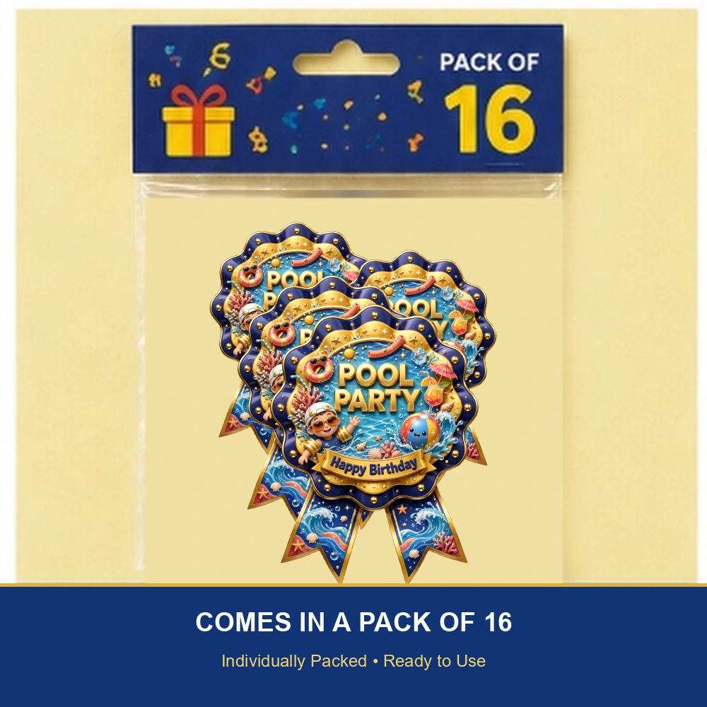 Pool Party Theme Theme Badges Birthday Party Supplies (PACK OF 16) - 300 GSM Premium Cardstock with Pin (3.7 x 3 Inch) - Premium Party Decor Supply by Party Decor Mall - View 6