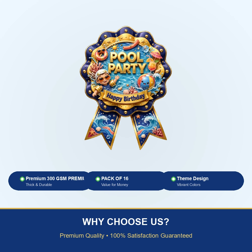 Pool Party Theme Theme Badges Birthday Party Supplies (PACK OF 16) - 300 GSM Premium Cardstock with Pin (3.7 x 3 Inch) - Premium Party Decor Supply by Party Decor Mall - View 7