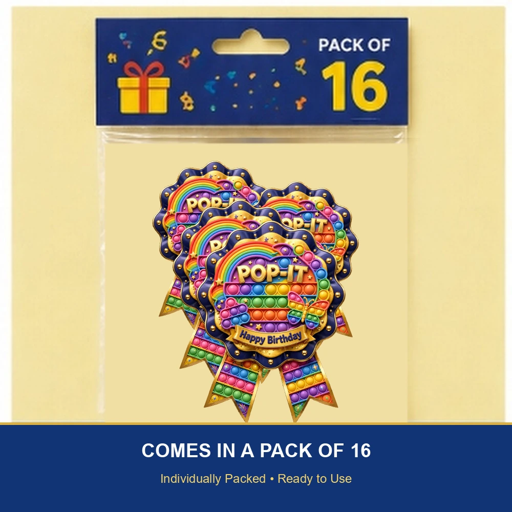 Pop-It Theme Theme Badges Birthday Party Supplies (PACK OF 16) - 300 GSM Premium Cardstock with Pin (3.7 x 3 Inch) - Premium Party Decor Supply by Party Decor Mall - View 6
