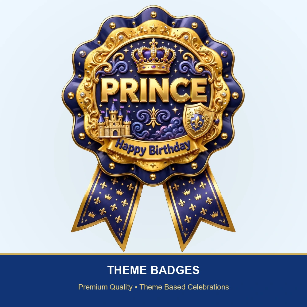 Prince Theme Theme Badges Birthday Party Supplies (PACK OF 16) - 300 GSM Premium Cardstock with Pin (3.7 x 3 Inch) - Premium Party Decor Supply by Party Decor Mall - View 2