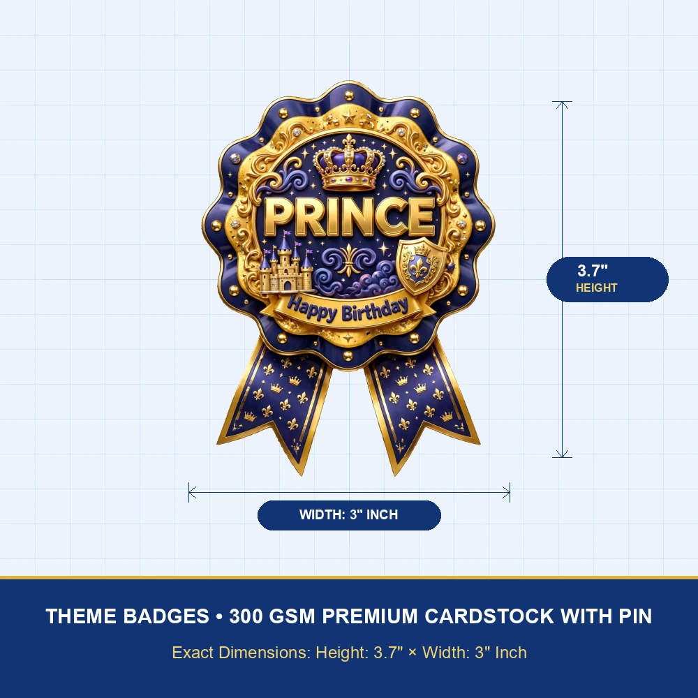 Prince Theme Theme Badges Birthday Party Supplies (PACK OF 16) - 300 GSM Premium Cardstock with Pin (3.7 x 3 Inch) - Premium Party Decor Supply by Party Decor Mall - View 4