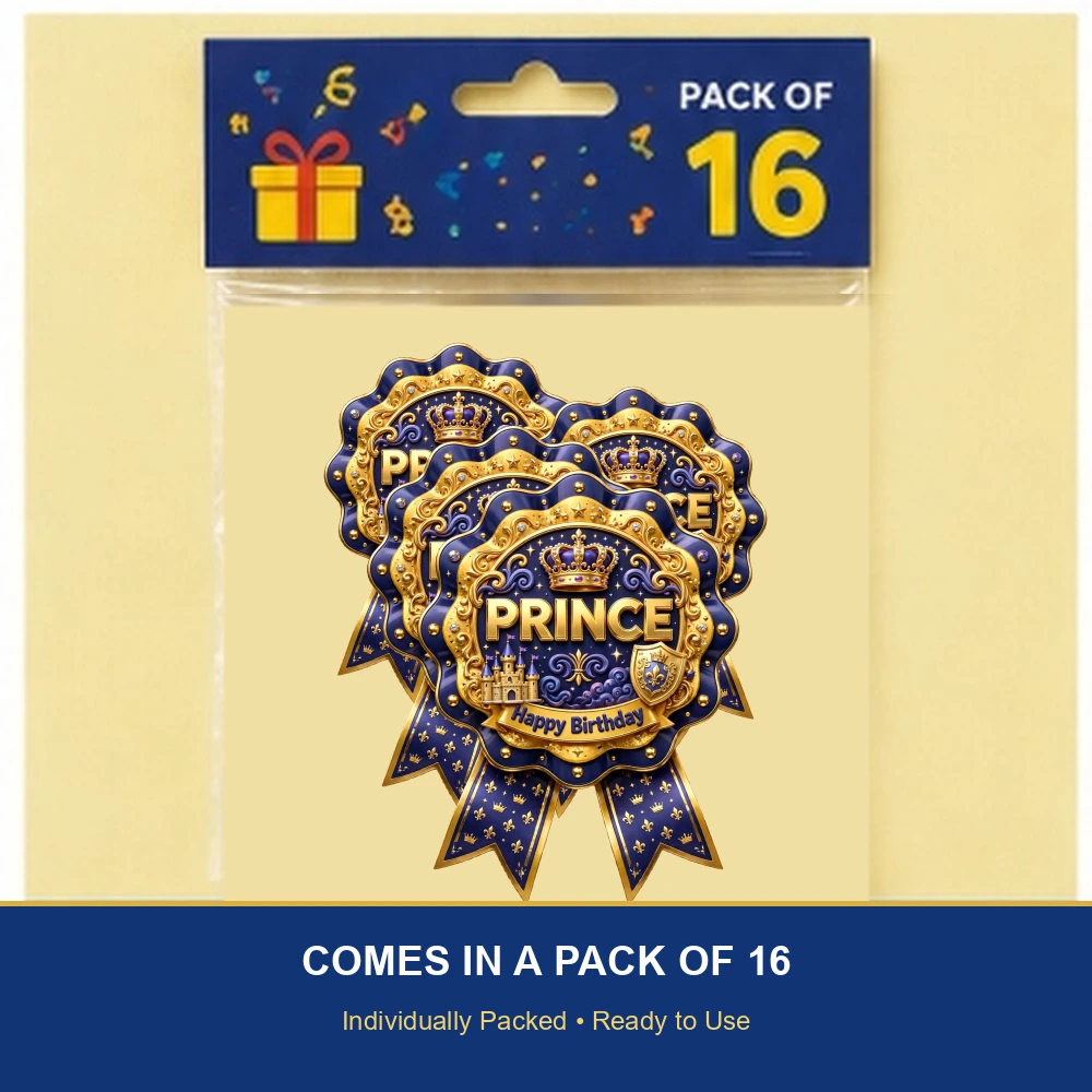 Prince Theme Theme Badges Birthday Party Supplies (PACK OF 16) - 300 GSM Premium Cardstock with Pin (3.7 x 3 Inch) - Premium Party Decor Supply by Party Decor Mall - View 6