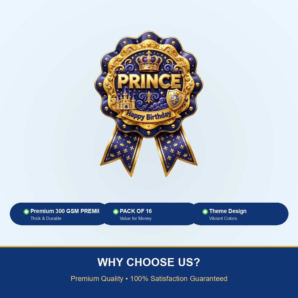 Prince Theme Theme Badges Birthday Party Supplies (PACK OF 16) - 300 GSM Premium Cardstock with Pin (3.7 x 3 Inch) - Premium Party Decor Supply by Party Decor Mall - View 7