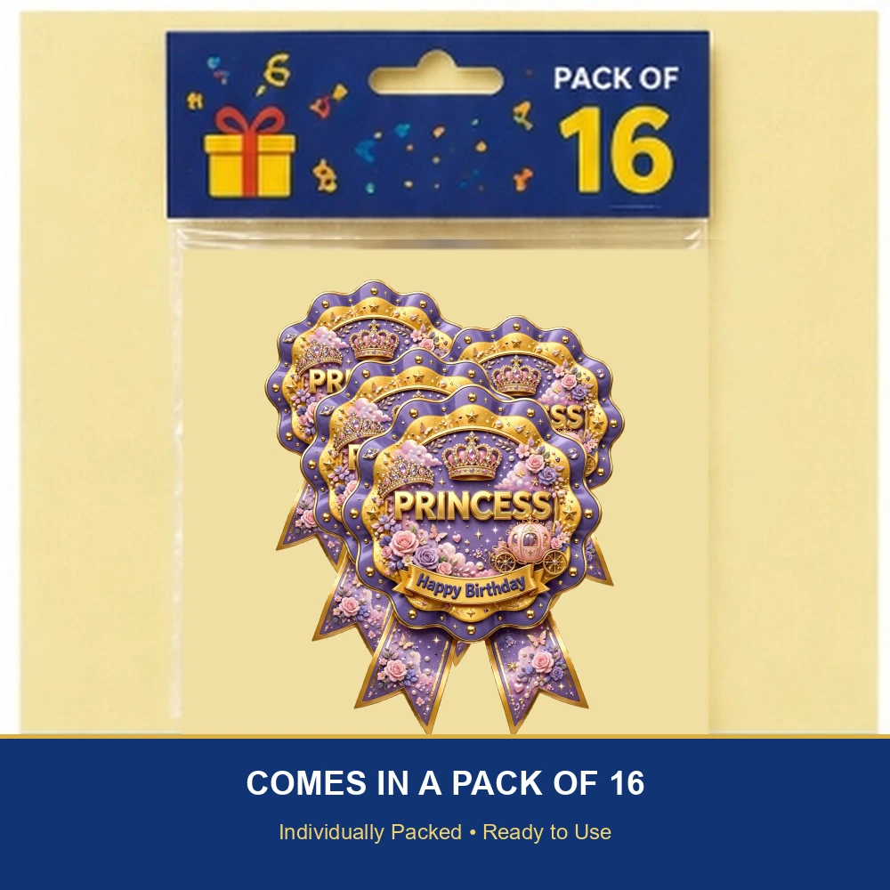 Princess Theme Theme Badges Birthday Party Supplies (PACK OF 16) - 300 GSM Premium Cardstock with Pin (3.7 x 3 Inch) - Premium Party Decor Supply by Party Decor Mall - View 6
