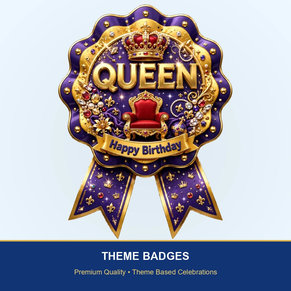 Queen Theme Theme Badges Birthday Party Supplies (PACK OF 16) - 300 GSM Premium Cardstock with Pin (3.7 x 3 Inch) - Premium Party Decor Supply by Party Decor Mall - View 2