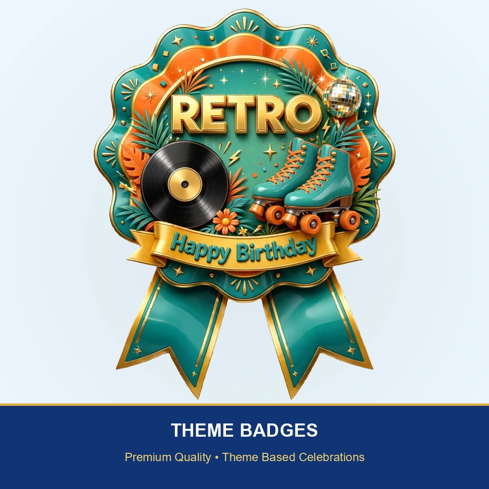 Retro Theme Theme Badges Birthday Party Supplies (PACK OF 16) - 300 GSM Premium Cardstock with Pin (3.7 x 3 Inch) - Premium Party Decor Supply by Party Decor Mall - View 2