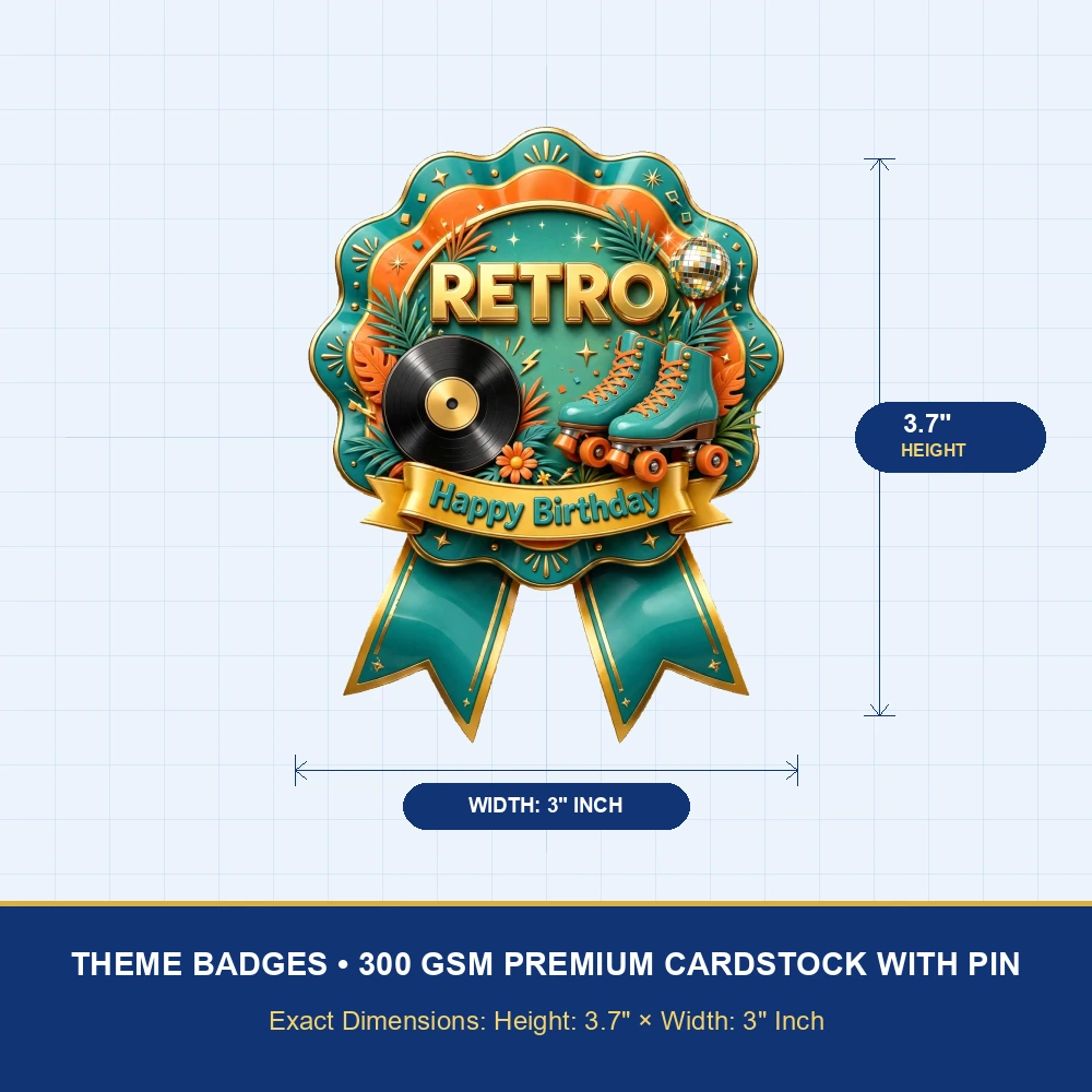 Retro Theme Theme Badges Birthday Party Supplies (PACK OF 16) - 300 GSM Premium Cardstock with Pin (3.7 x 3 Inch) - Premium Party Decor Supply by Party Decor Mall - View 4