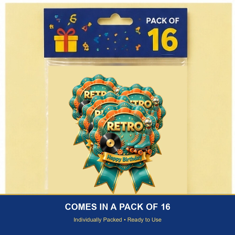 Retro Theme Theme Badges Birthday Party Supplies (PACK OF 16) - 300 GSM Premium Cardstock with Pin (3.7 x 3 Inch) - Premium Party Decor Supply by Party Decor Mall - View 6