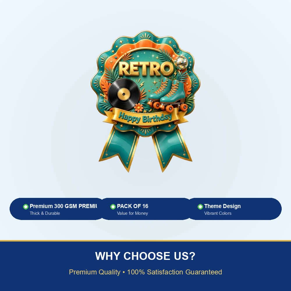Retro Theme Theme Badges Birthday Party Supplies (PACK OF 16) - 300 GSM Premium Cardstock with Pin (3.7 x 3 Inch) - Premium Party Decor Supply by Party Decor Mall - View 7
