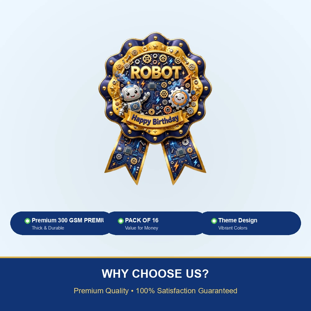 Robot Theme Theme Badges Birthday Party Supplies (PACK OF 16) - 300 GSM Premium Cardstock with Pin (3.7 x 3 Inch) - Premium Party Decor Supply by Party Decor Mall - View 7