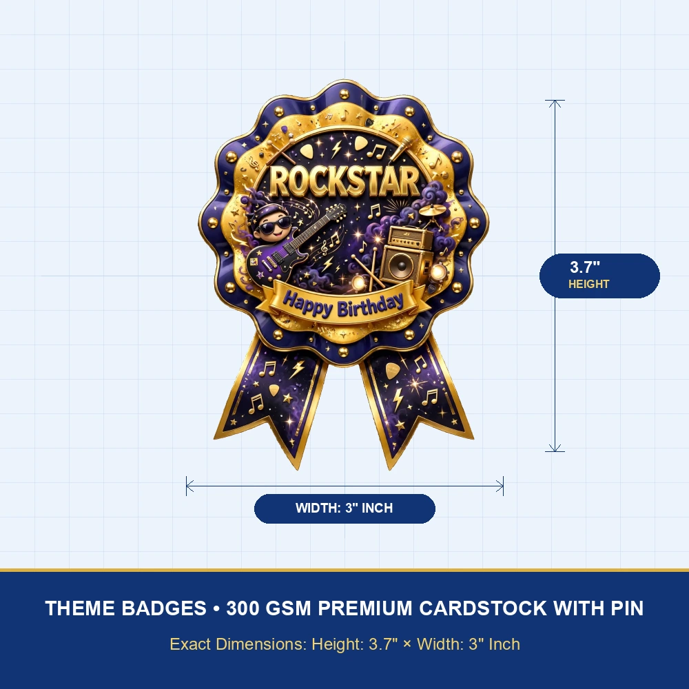 Rockstar Theme Theme Badges Birthday Party Supplies (PACK OF 16) - 300 GSM Premium Cardstock with Pin (3.7 x 3 Inch) - Premium Party Decor Supply by Party Decor Mall - View 4