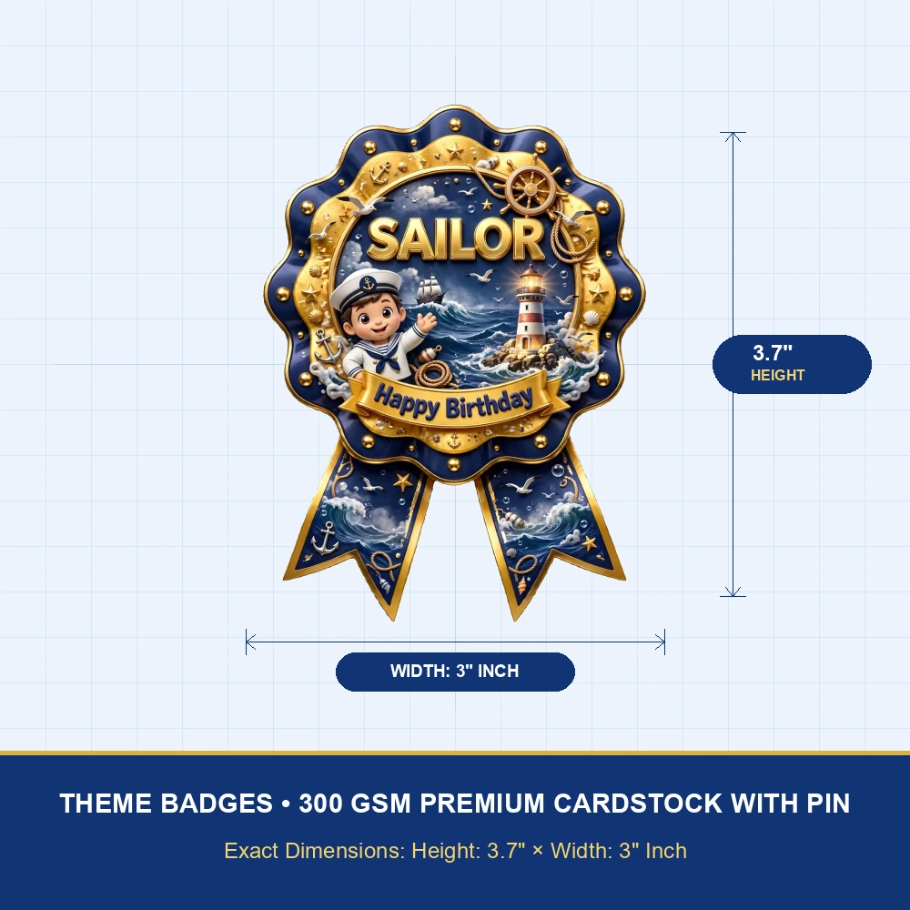 Sailor Theme Theme Badges Birthday Party Supplies (PACK OF 16) - 300 GSM Premium Cardstock with Pin (3.7 x 3 Inch) - Premium Party Decor Supply by Party Decor Mall - View 4
