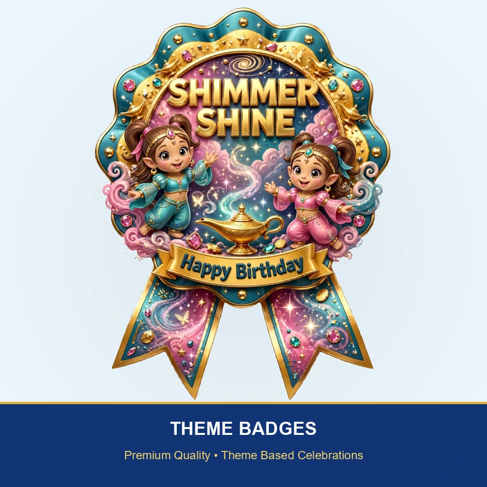 Shimmer & Shine Theme Theme Badges Birthday Party Supplies (PACK OF 16) - 300 GSM Premium Cardstock with Pin (3.7 x 3 Inch) - Premium Party Decor Supply by Party Decor Mall - View 2