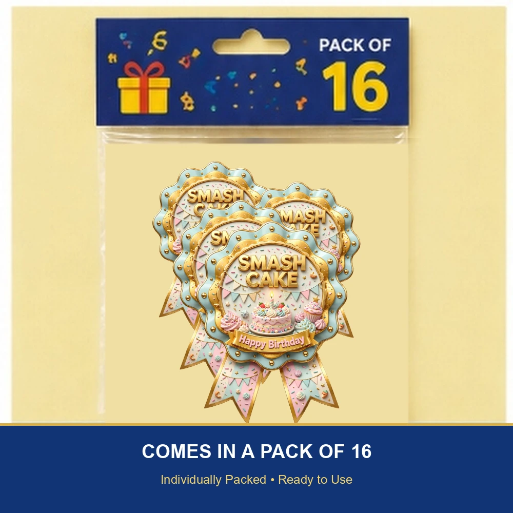 Smash Cake Theme Theme Badges Birthday Party Supplies (PACK OF 16) - 300 GSM Premium Cardstock with Pin (3.7 x 3 Inch) - Premium Party Decor Supply by Party Decor Mall - View 6