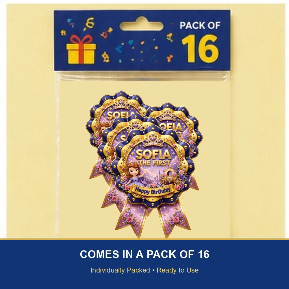 Sofia The First Theme Theme Badges Birthday Party Supplies (PACK OF 16) - 300 GSM Premium Cardstock with Pin (3.7 x 3 Inch) - Premium Party Decor Supply by Party Decor Mall - View 6