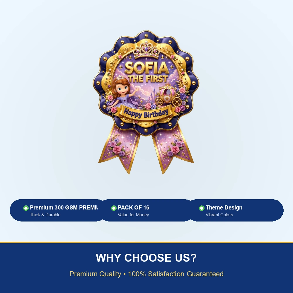 Sofia The First Theme Theme Badges Birthday Party Supplies (PACK OF 16) - 300 GSM Premium Cardstock with Pin (3.7 x 3 Inch) - Premium Party Decor Supply by Party Decor Mall - View 7