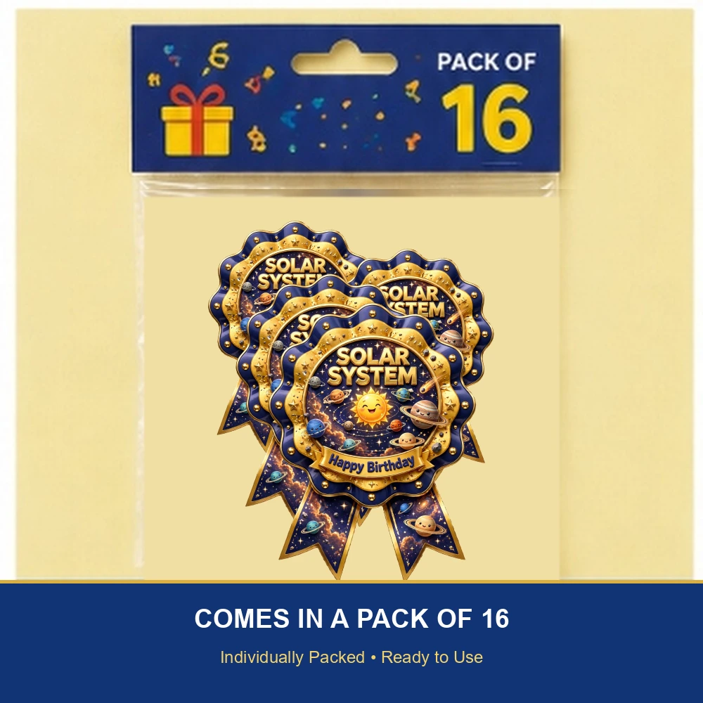 Solar System Theme Theme Badges Birthday Party Supplies (PACK OF 16) - 300 GSM Premium Cardstock with Pin (3.7 x 3 Inch) - Premium Party Decor Supply by Party Decor Mall - View 6