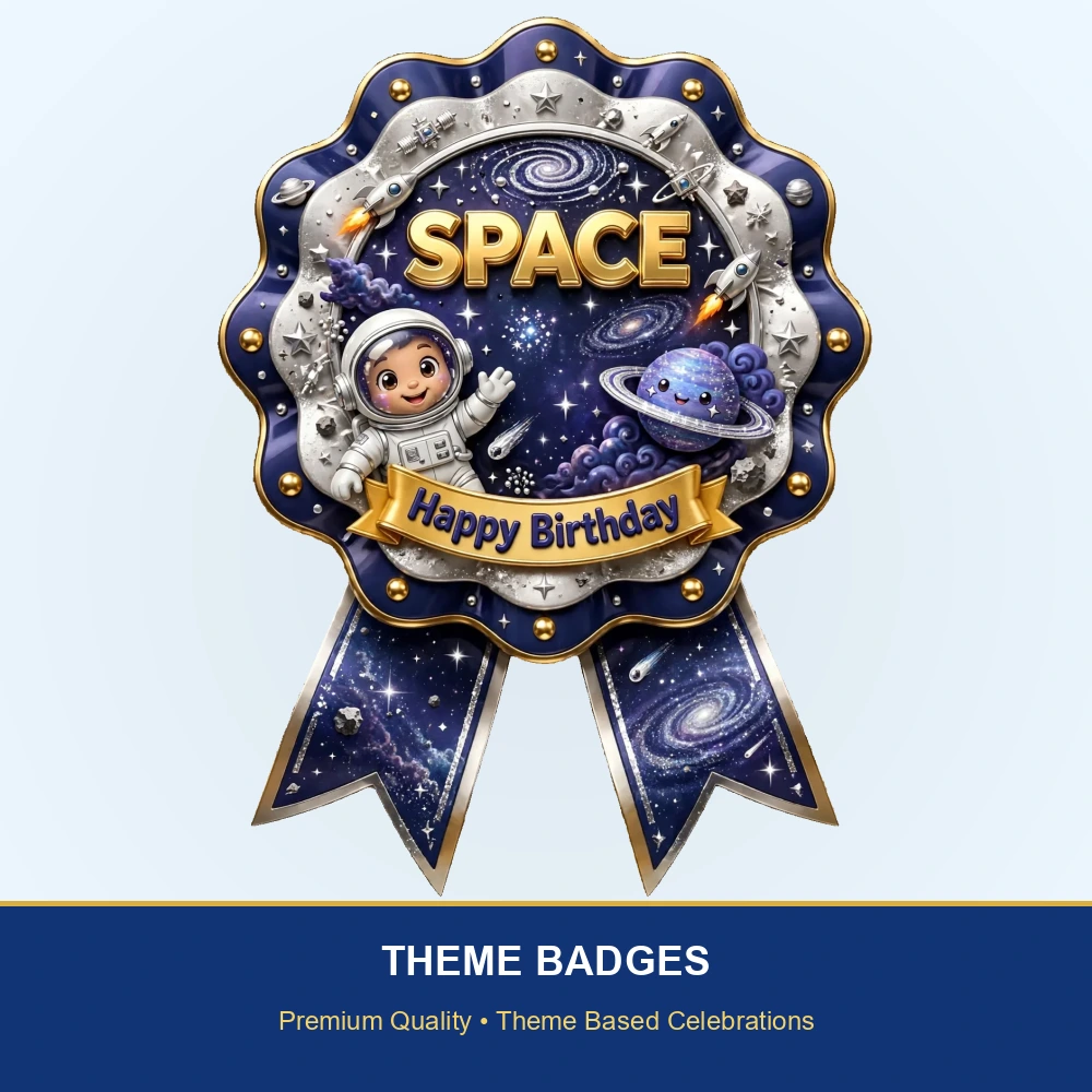 Space Theme Theme Badges Birthday Party Supplies (PACK OF 16) - 300 GSM Premium Cardstock with Pin (3.7 x 3 Inch) - Premium Party Decor Supply by Party Decor Mall - View 2