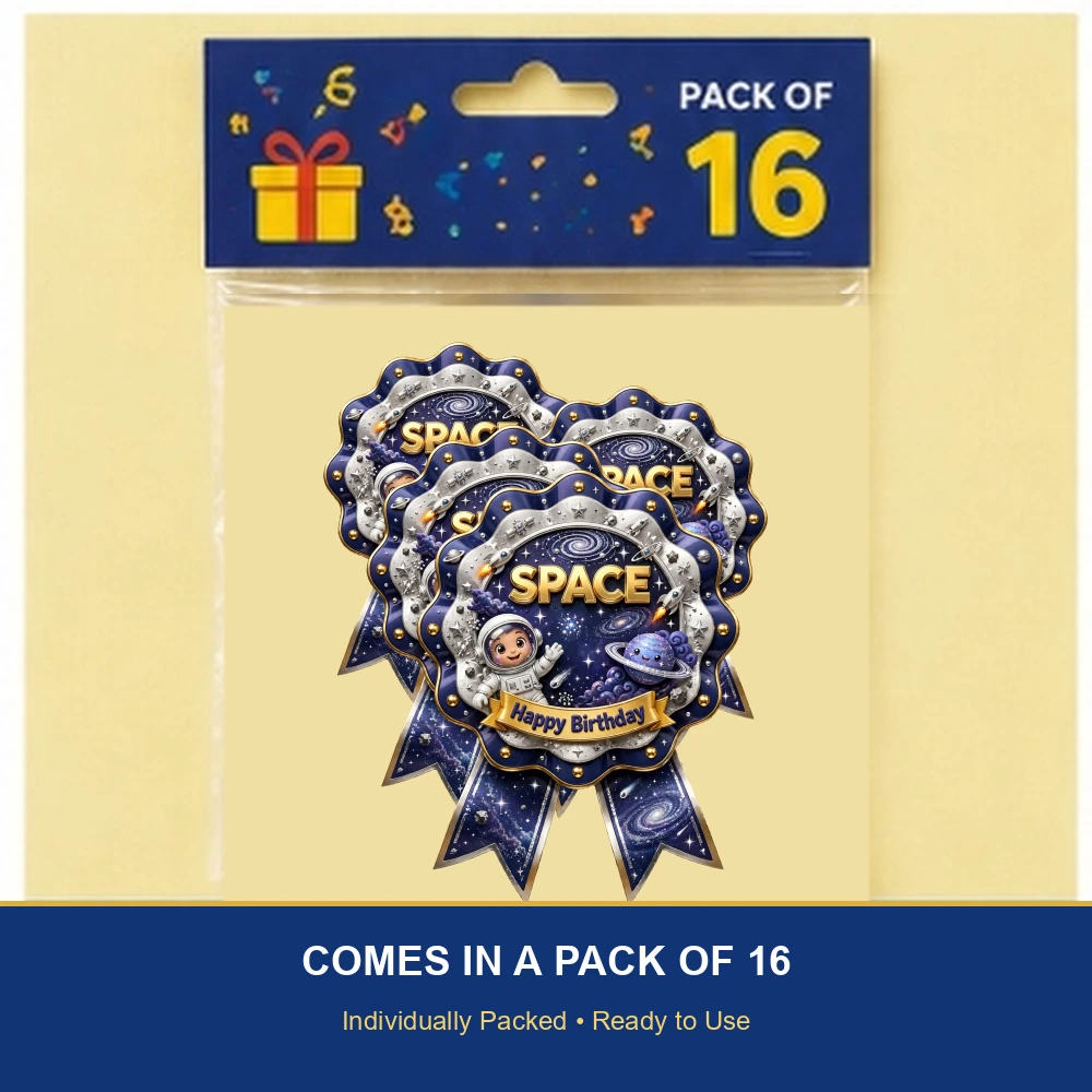 Space Theme Theme Badges Birthday Party Supplies (PACK OF 16) - 300 GSM Premium Cardstock with Pin (3.7 x 3 Inch) - Premium Party Decor Supply by Party Decor Mall - View 6