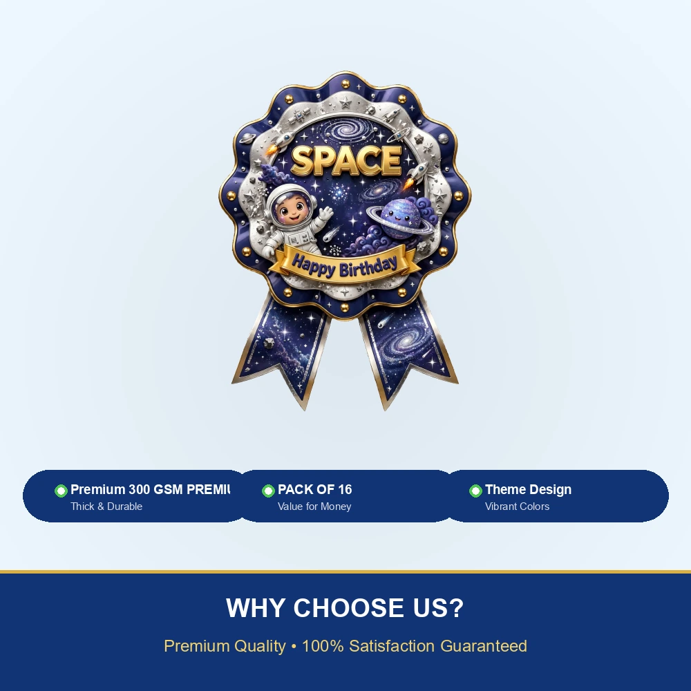 Space Theme Theme Badges Birthday Party Supplies (PACK OF 16) - 300 GSM Premium Cardstock with Pin (3.7 x 3 Inch) - Premium Party Decor Supply by Party Decor Mall - View 7