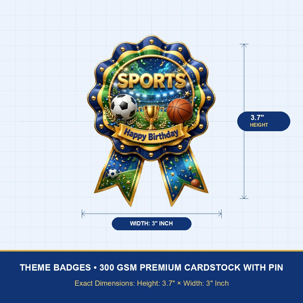 Sports Theme Theme Badges Birthday Party Supplies (PACK OF 16) - 300 GSM Premium Cardstock with Pin (3.7 x 3 Inch) - Premium Party Decor Supply by Party Decor Mall - View 4