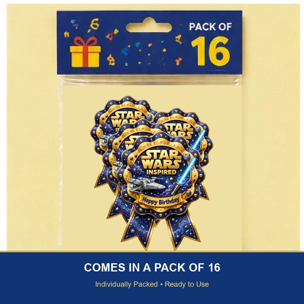 Star Wars Inspired Theme Theme Badges Birthday Party Supplies (PACK OF 16) - 300 GSM Premium Cardstock with Pin (3.7 x 3 Inch) - Premium Party Decor Supply by Party Decor Mall - View 6